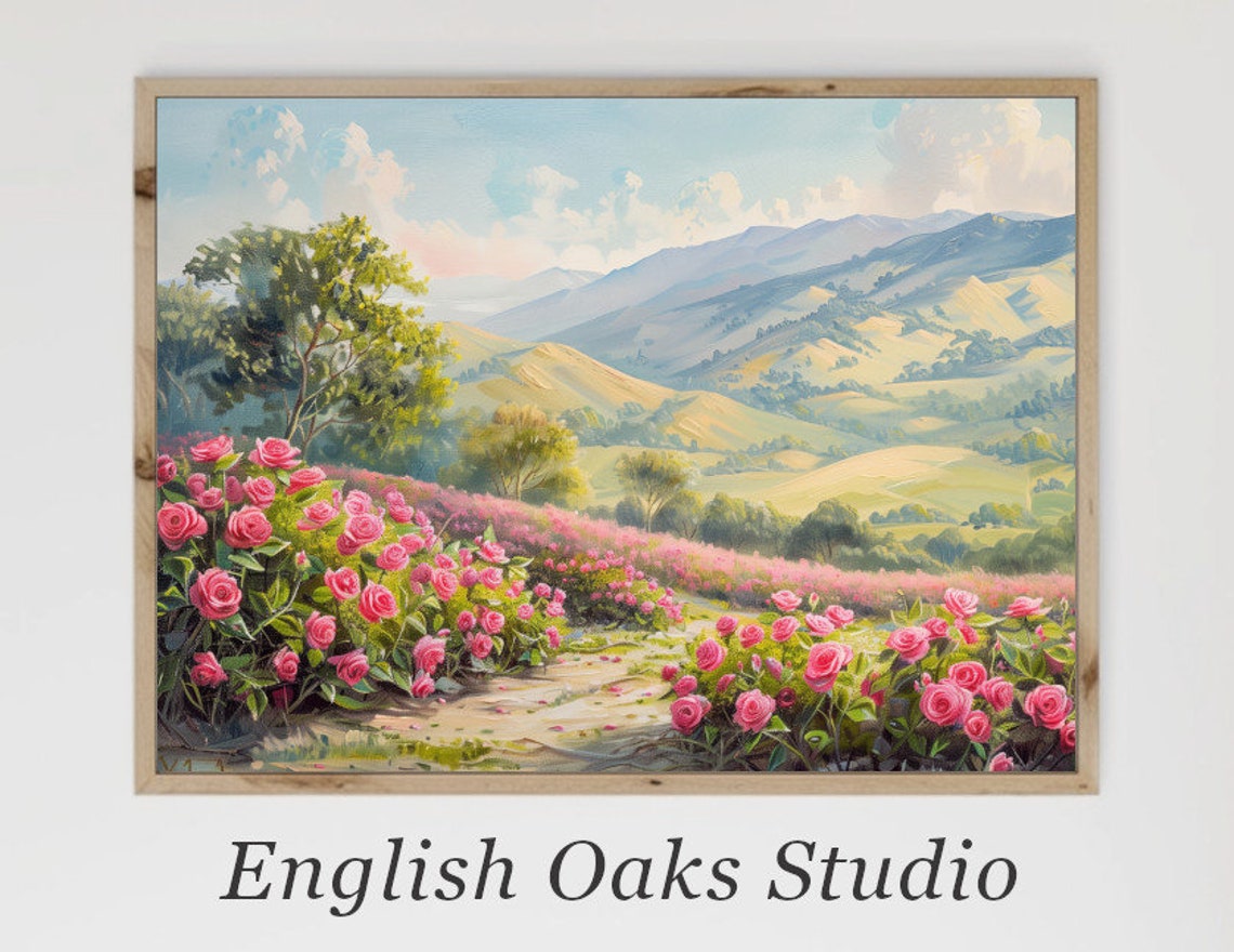 Rose Garden With Pink Blooms And Soft Rolling Hills Landscape Poster