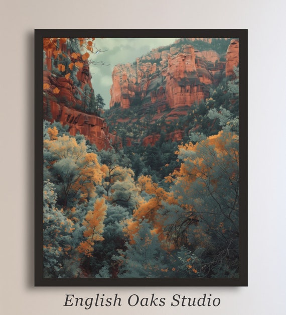 Neutral Moody Southwestern Summer Mountain Landscape Painting Vintage Forest And Mountain Print