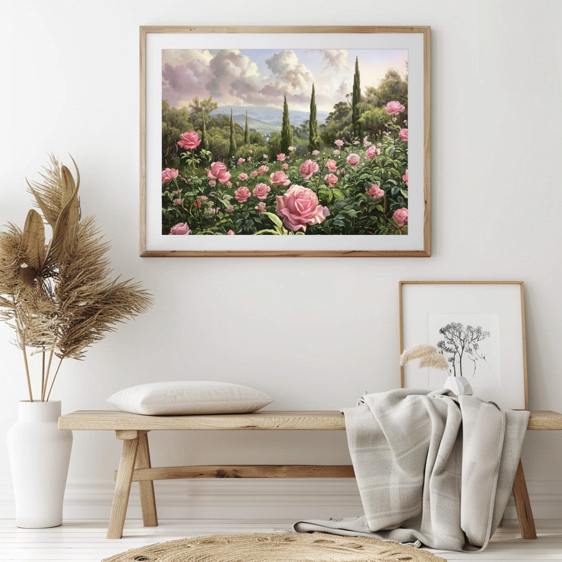 Pink Rose Garden Hillside Vintage Blooming Roses Cypress Trees Poster - Image 2