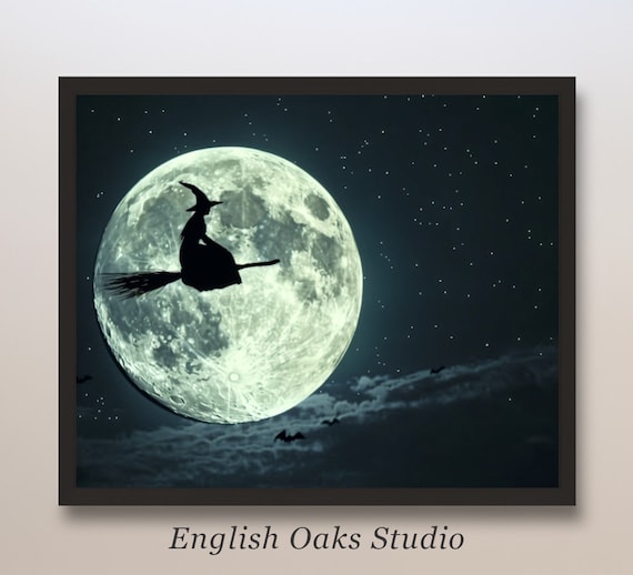 Witch Silhouette Broom Full Moon Night Sky Stars Bats Halloween Art Poster