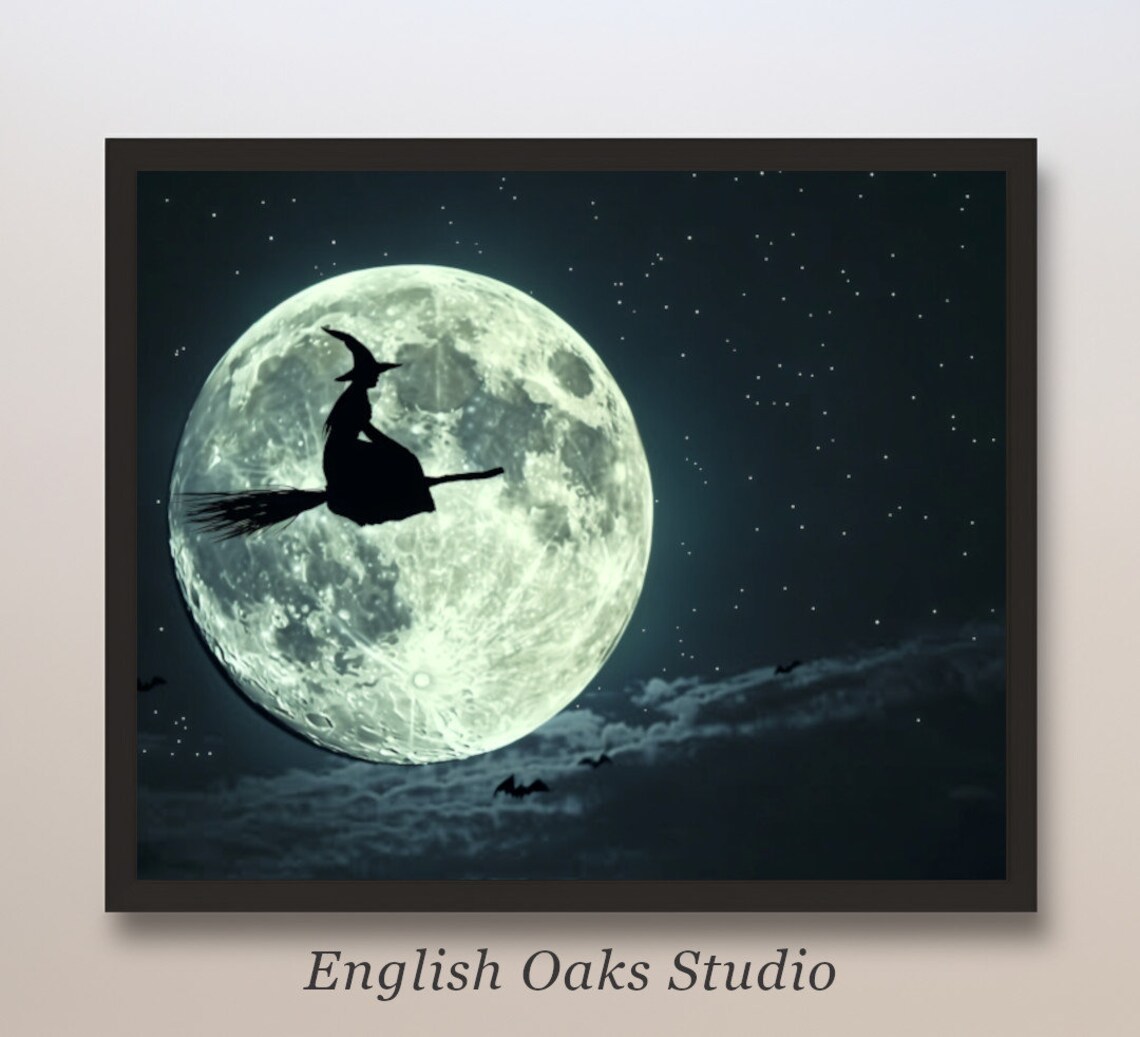 Witch Silhouette Broom Full Moon Night Sky Stars Bats Halloween Art Poster