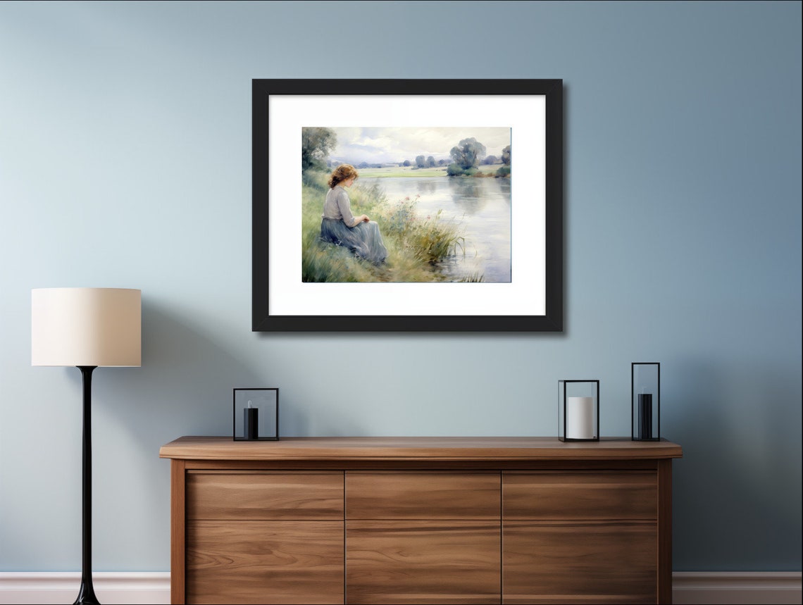 Vintage Girl By The River Painting Antique Landscape Of Girl Sitting By A Lake Painting 01 - Image 2
