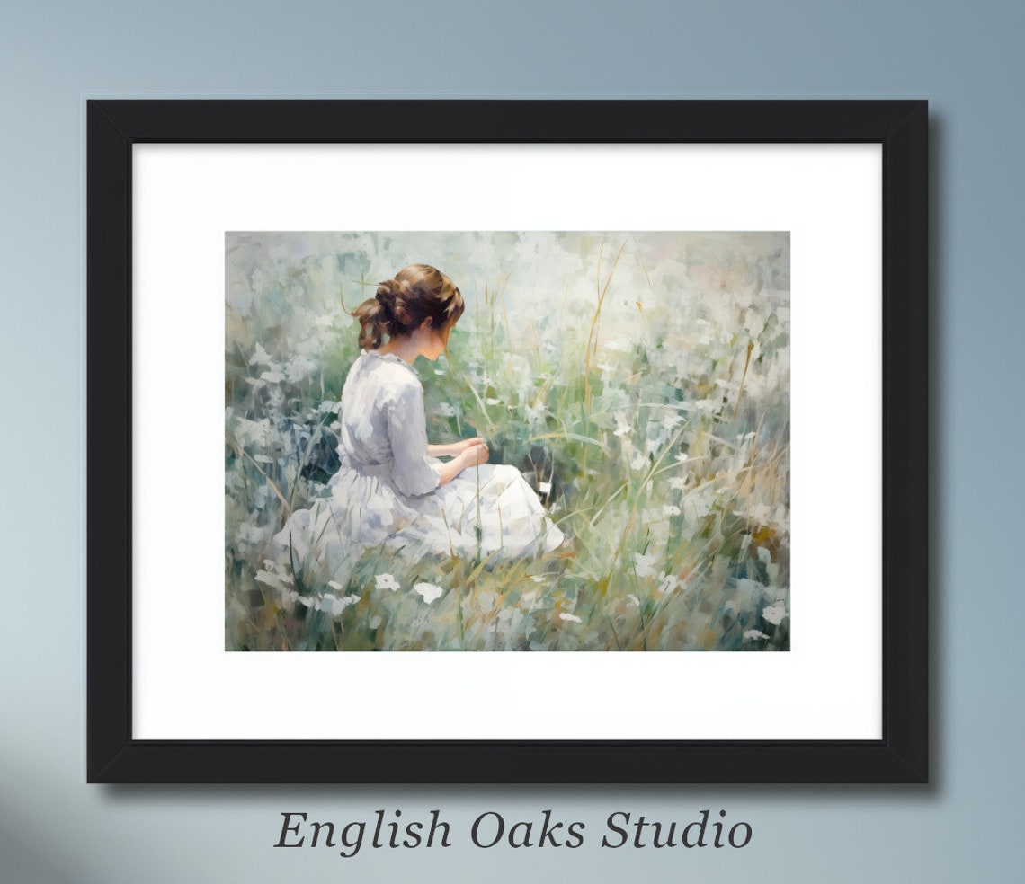 Girl In A Field Of Wildflowers Art Print Female By The Lake Painting 02