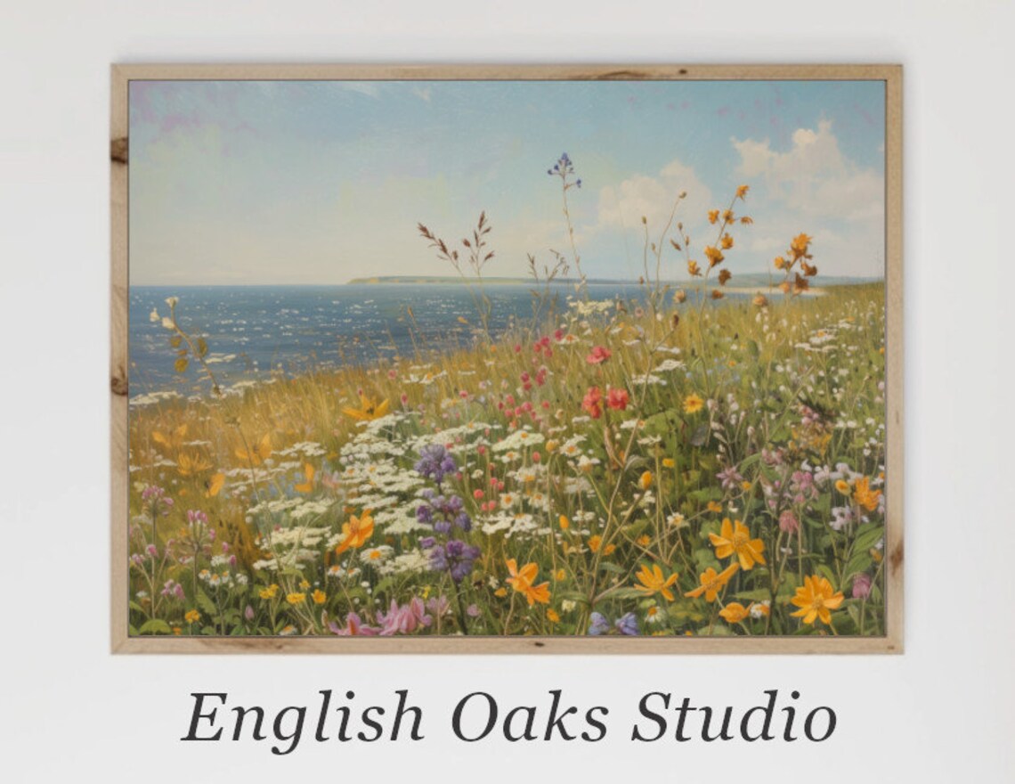 Coastal Wildflower Field By The Sea Vintage Summer Meadow Poster