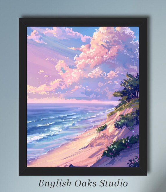 Pastel Pink Beach Sunset Anime Style Coastal Dreamy Wall Art