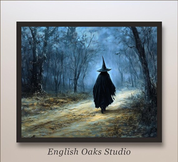 Cloaked Witch Walking Misty Blue Forest Path At Night Poster