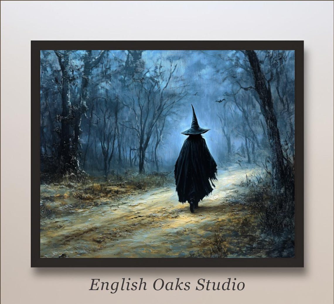 Cloaked Witch Walking Misty Blue Forest Path At Night Poster