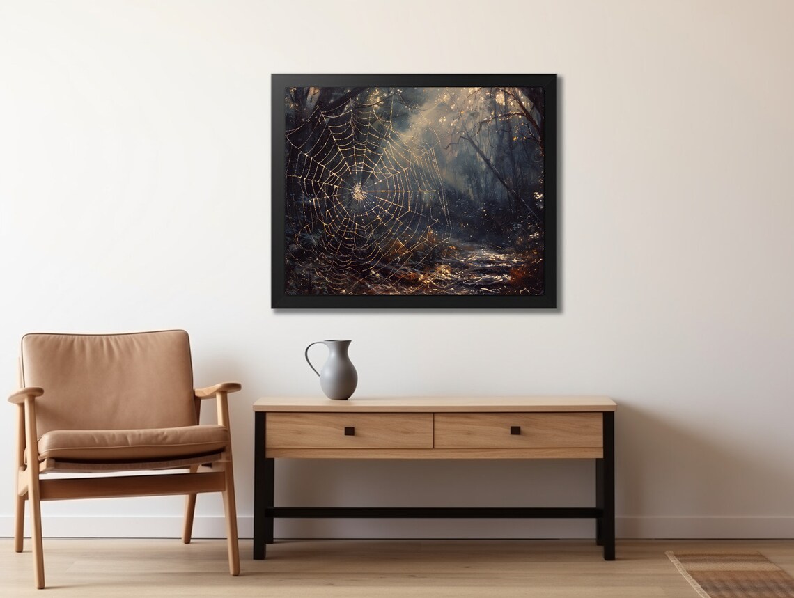Glowing Spiderweb with Dewdrops in Dark Forest Magical Autumn Night Poster - Image 2
