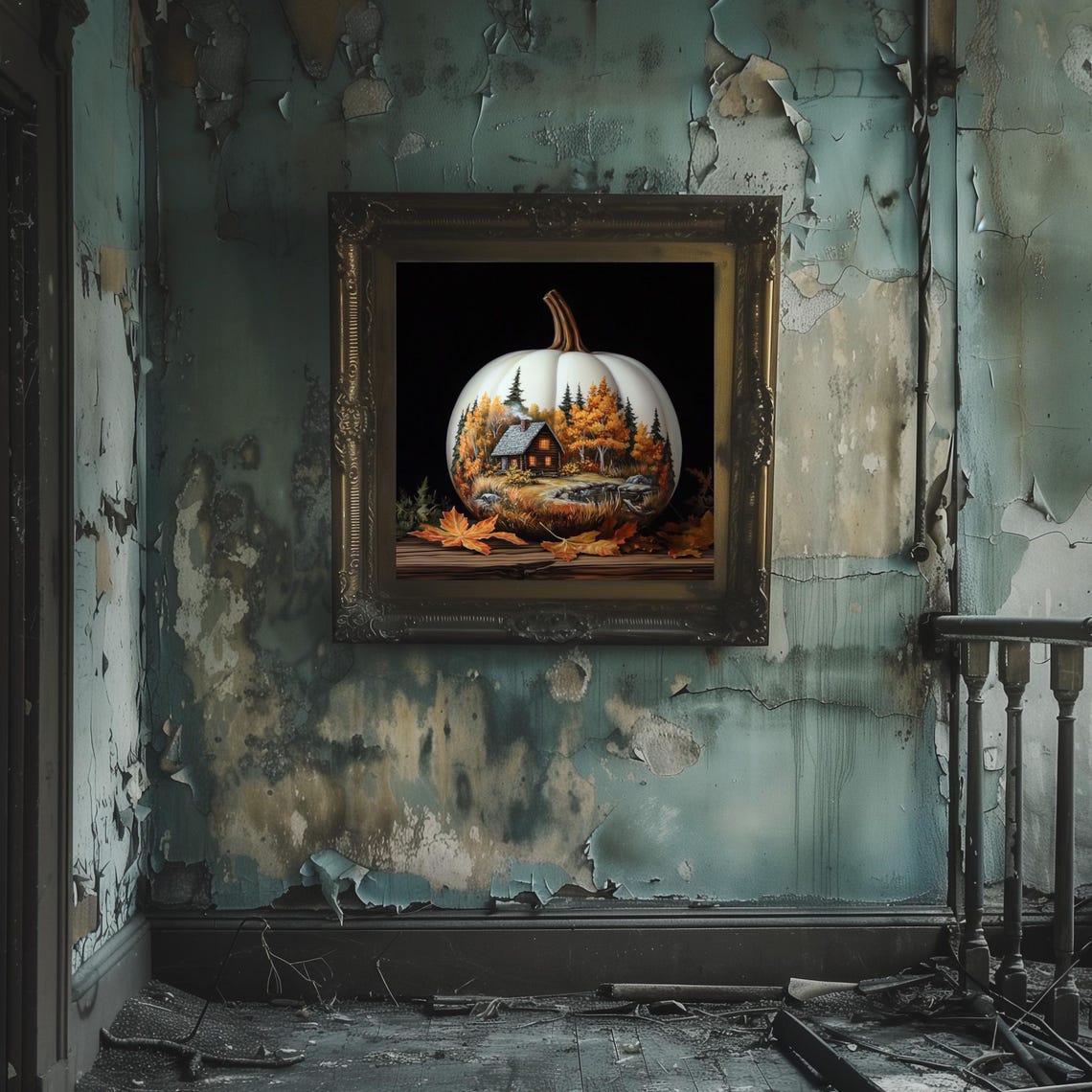 White Pumpkin Painted with Autumn Log Cabin Fall Scene Poster - Image 2