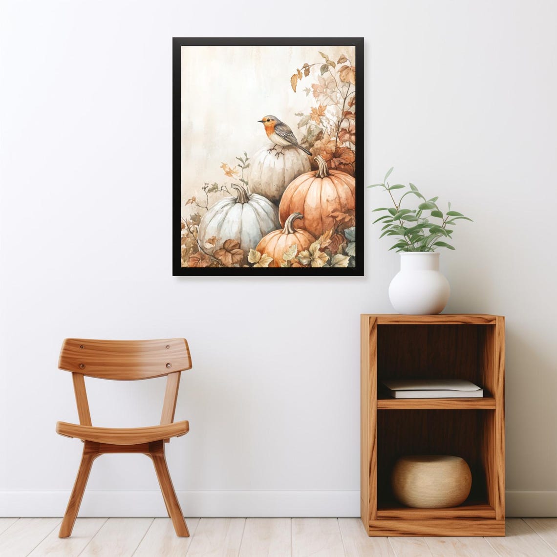 Robin Perched on White Pumpkin Among Fall Pumpkins Watercolor Poster - Image 2