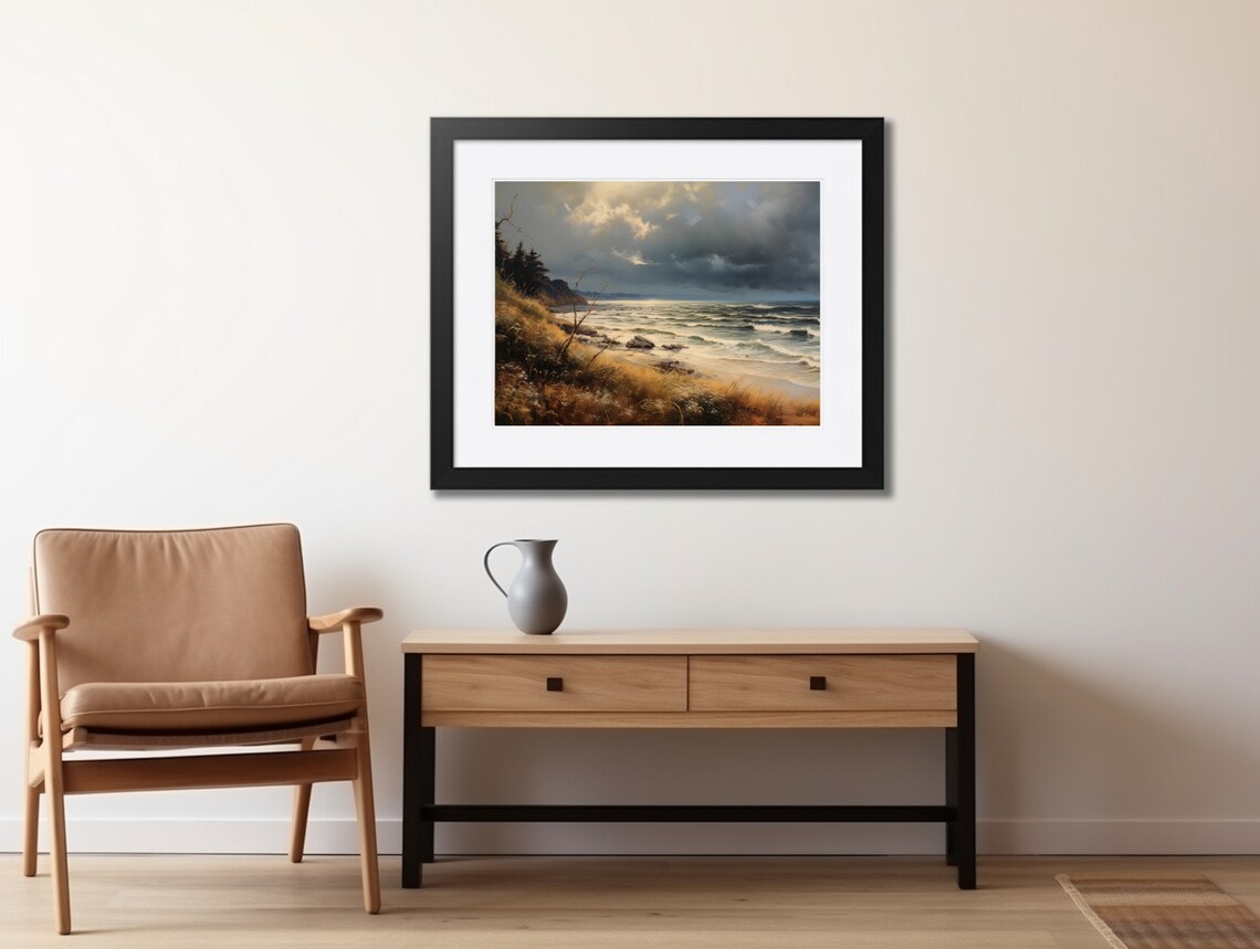 Cloudy Fall Coast with Rocky Shore Moody Oil Painting Poster - Image 2