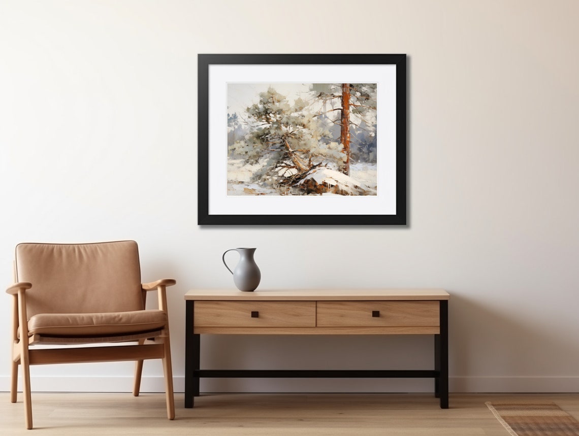 Snowy Pine Tree in a Winter Forest Vintage Oil Painting Poster - Image 2