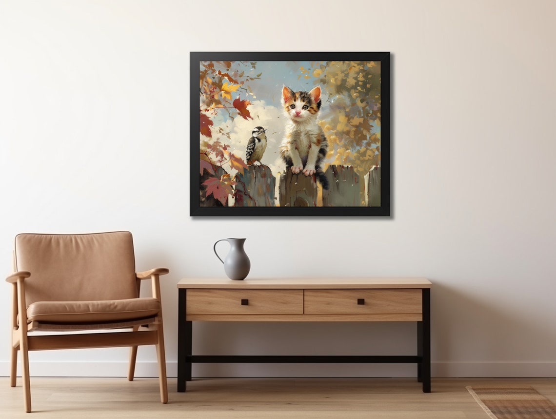 Cute Kitten and Small Bird on Fence with Autumn Leaves Poster - Image 2