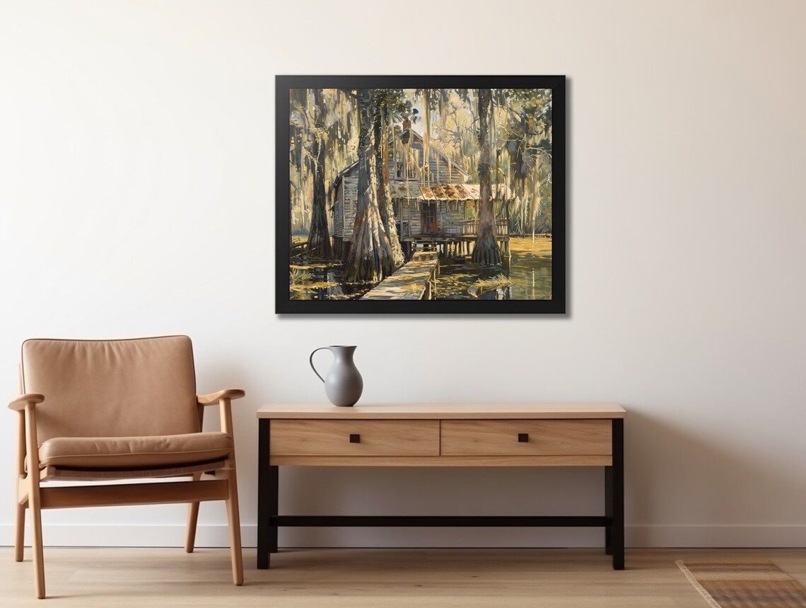 Vintage Louisiana Cabin Swamp Art Print, Bayou Cypress - Image 2