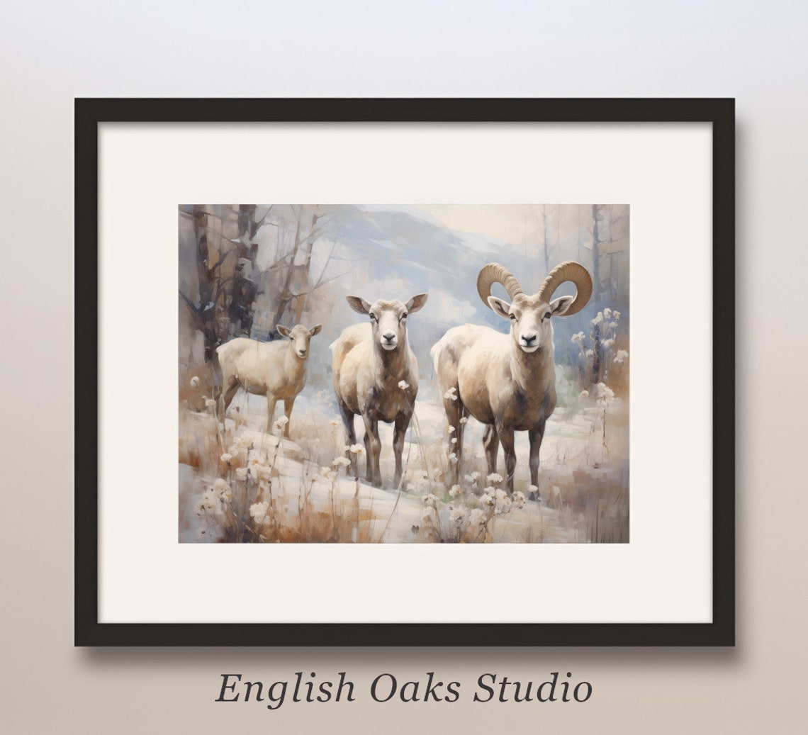 Bighorn Sheep Ram with Curled Horns in Snowy Mountain Field Poster