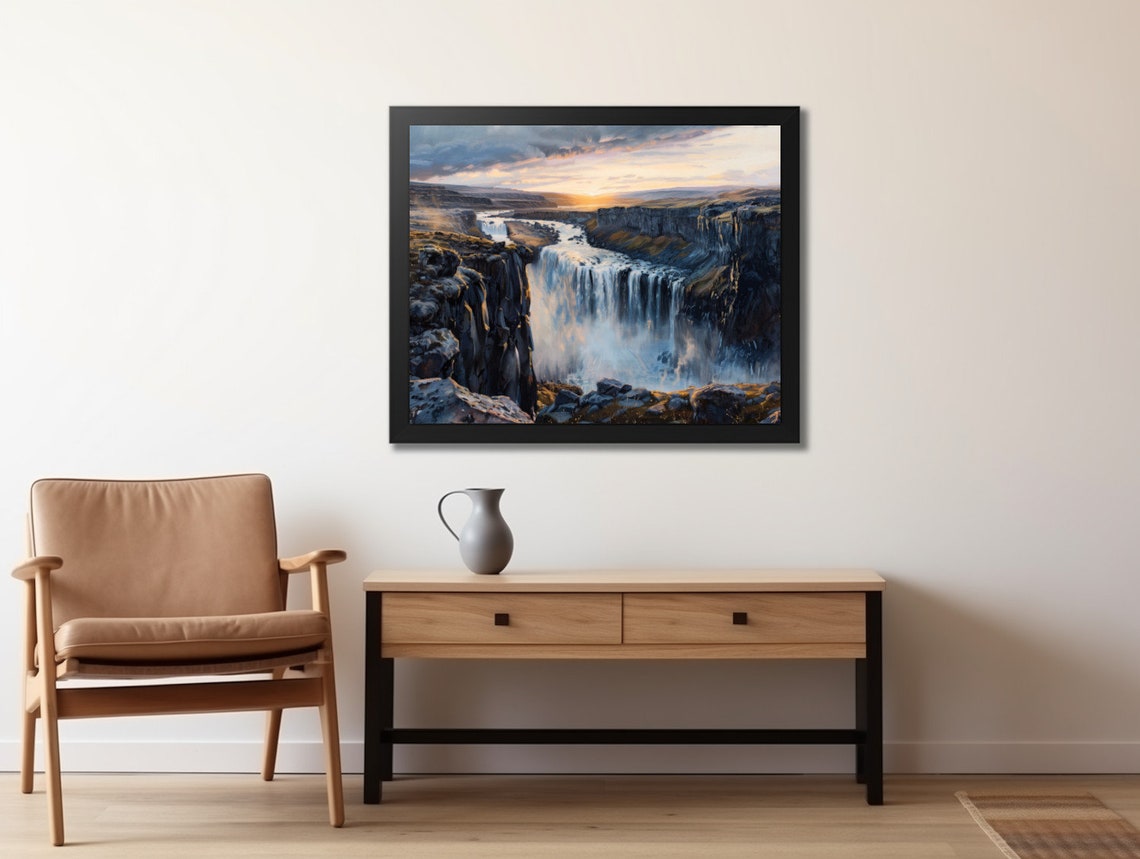 Moody Summer Waterfall Landscape Painting Neutral Vintage Mountain Waterfall Print - Image 2