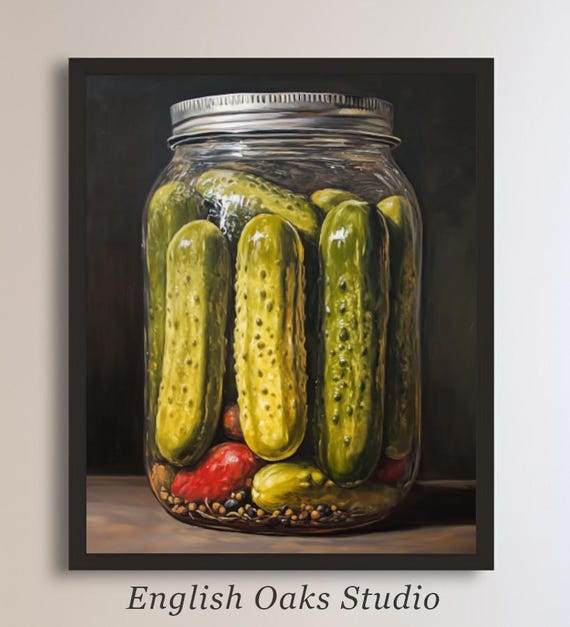 Moody Pickles In A Mason Jar On A Wooden Table Top Kitchen Wall Art Painting Vintage Homemade Preserve Side Dish Food Wall Art Print