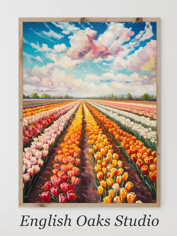 Vibrant Tulip Field Rows Under Pink Clouds Spring Landscape Painting Poster