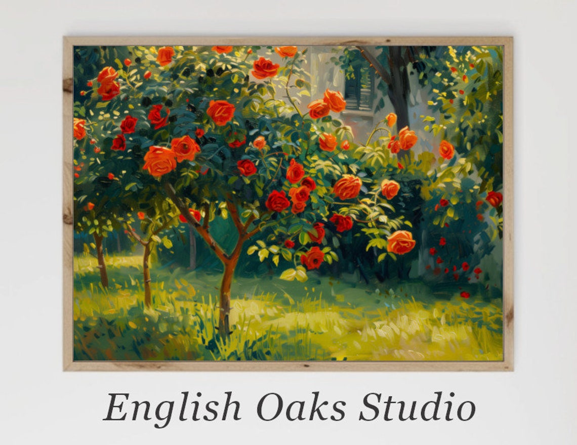 Red Rose Trees In Sunny Garden Oil Painting Impressionist Poster