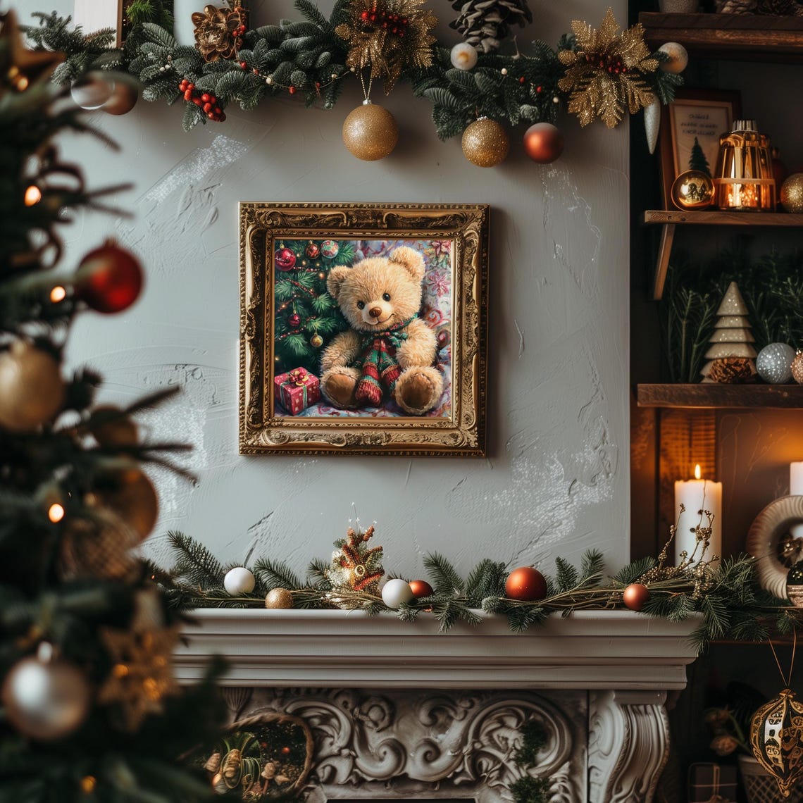 Fluffy Teddy Bear With Christmas Tree And Gift Vintage Poster - Image 2