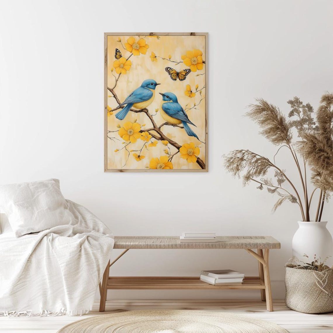 Blue And Yellow Birds With Yellow Flowers And Monarchs Poster - Image 2