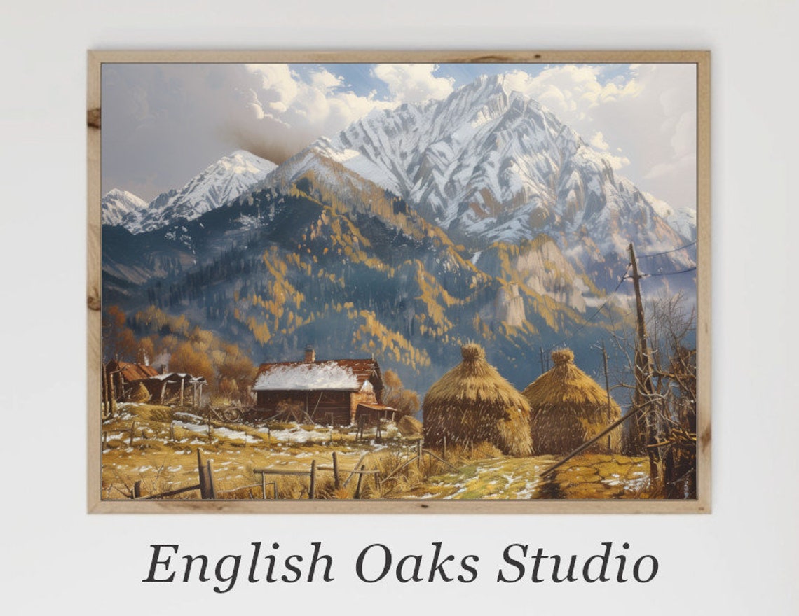 Snowy Alpine Cabin Haystacks Vintage Rustic Winter Mountain Poster