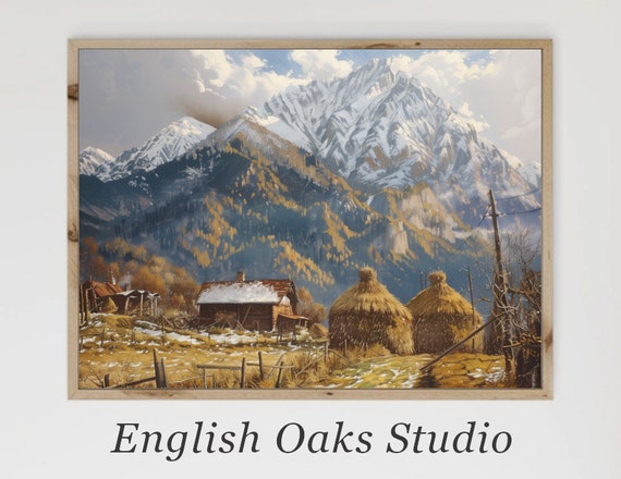 Neutral First Snow Neutral Hay Pile Cabin Mountains Print Moody Winter Alpine Cottage Painting Rustic Vintage Winter