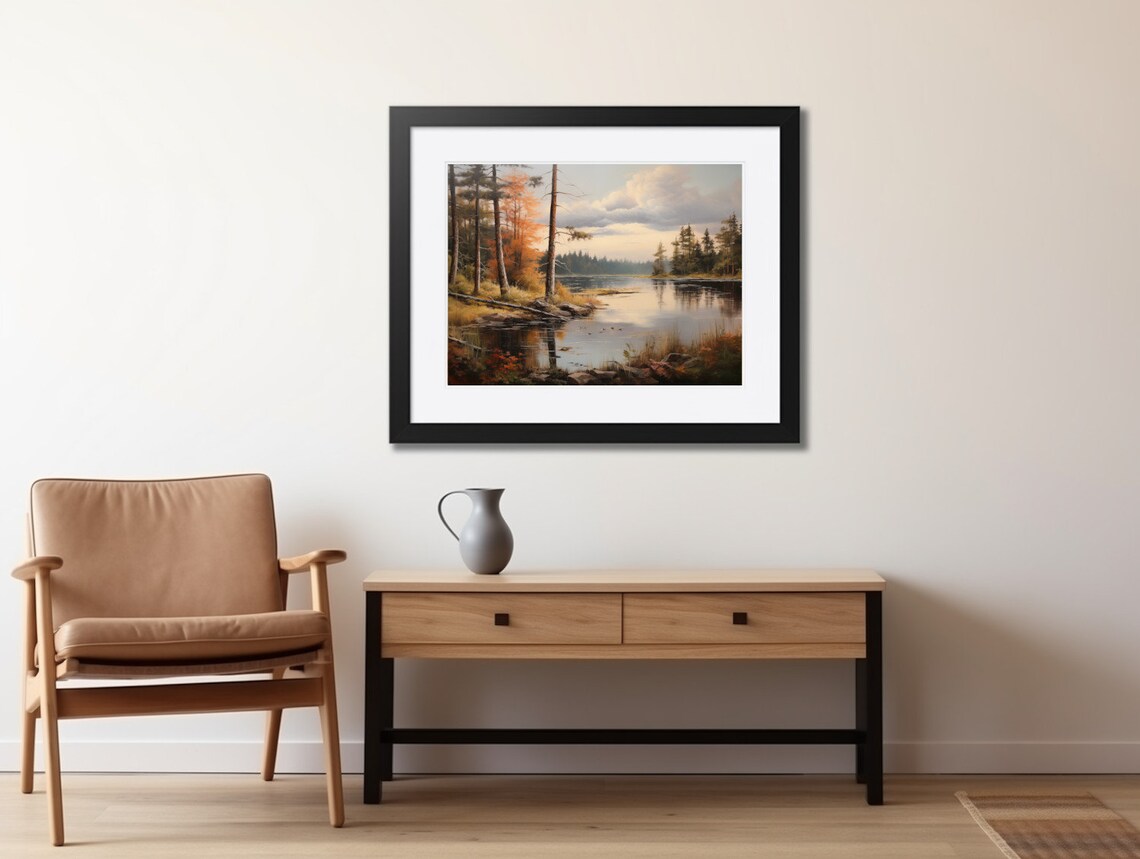 Fall Forest by a Mirror Lake Mountain Landscape Oil Painting Poster - Image 2