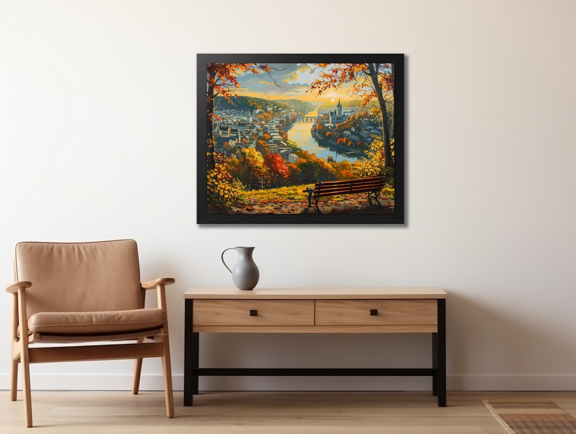 Autumn City Overlook Park Bench River Bridge Golden Sunset Poster - Image 2