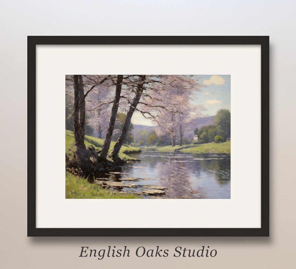 Spring Blossom Trees Along Calm River Countryside Art Poster