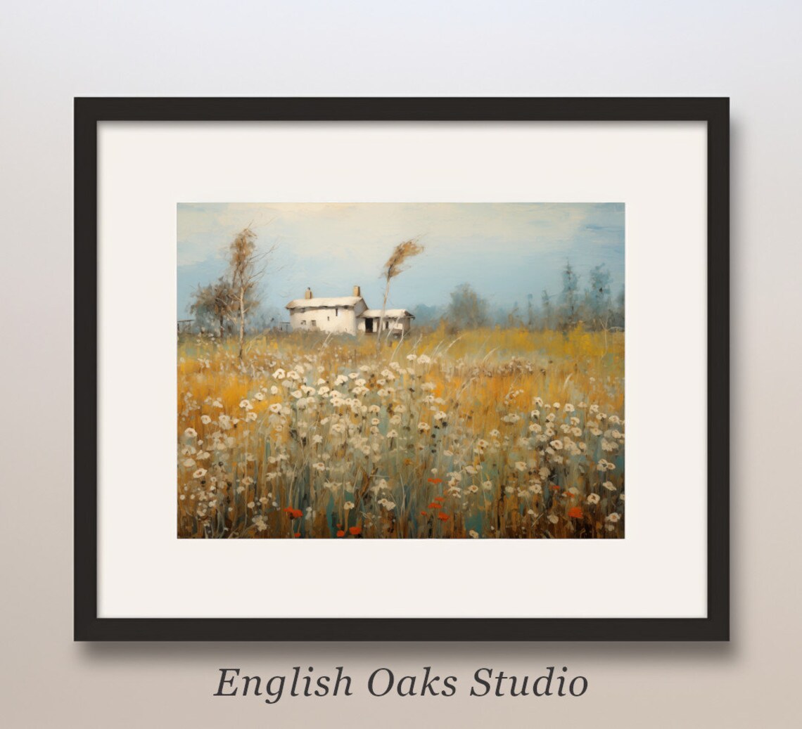 White Farmhouse in Golden Wildflower Field With Poppies Poster