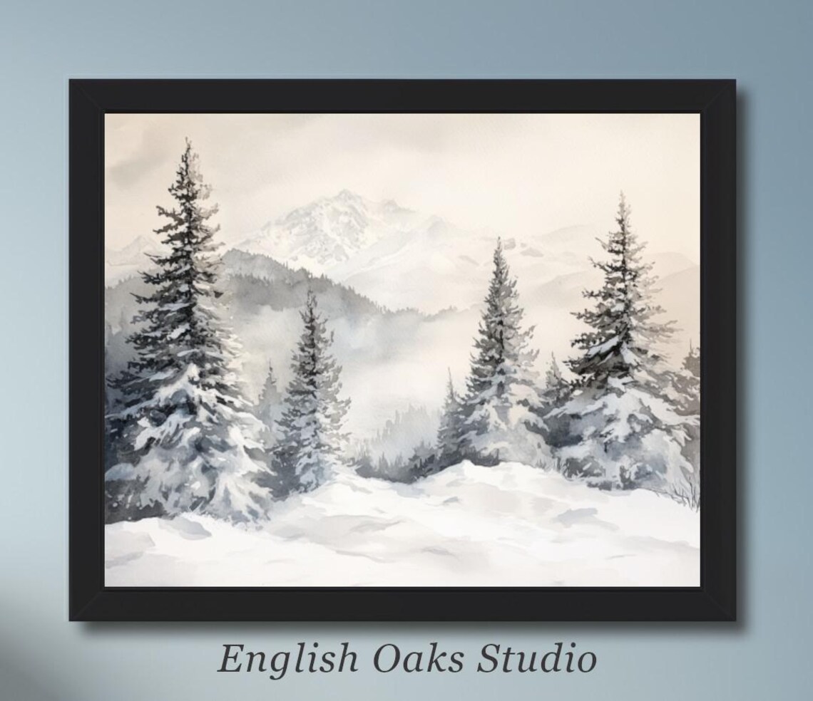 Snowy Pines And Misty Mountains Watercolor Winter Scene Poster