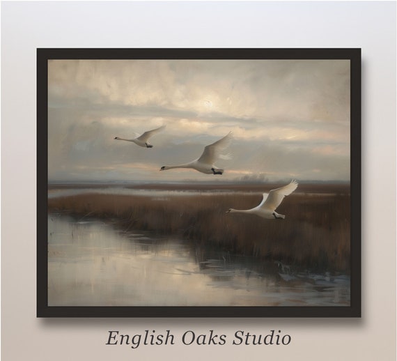 Muted Moody Swans Flying Over Water Vintage Painting Farmhouse Rustic Dark Bird Seascape Print