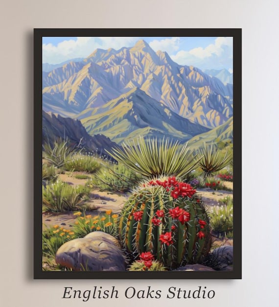 Vintage Southwestern Desert Cacti With Red Small Blooms Landscape Painting Neutral Arizona Desert Wall Art Print