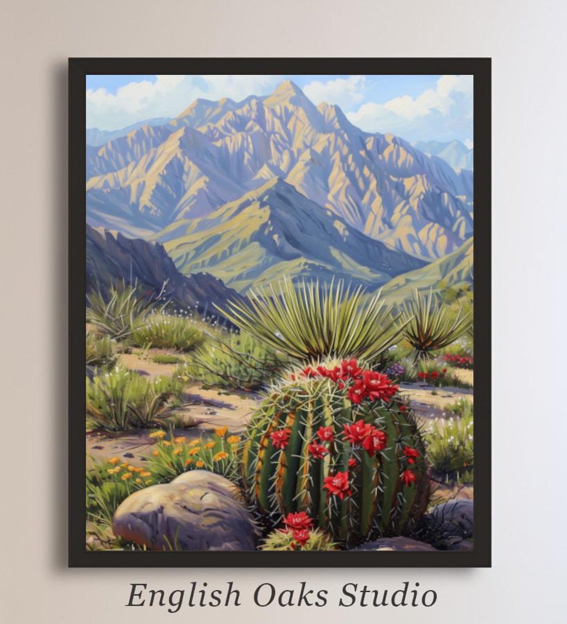 Red Blooming Barrel Cactus with Rugged Mountain Desert Poster