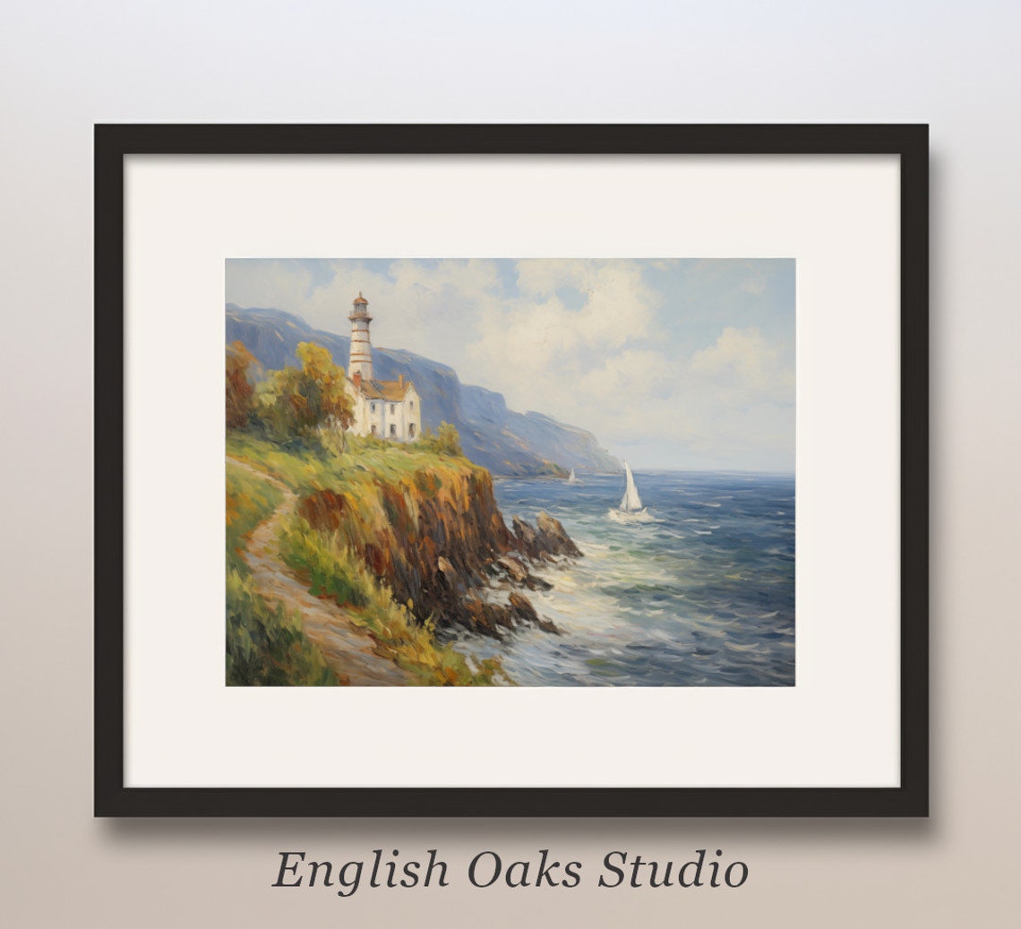 Coastal Lighthouse on Rocky Cliffs With Sailboat Ocean Poster