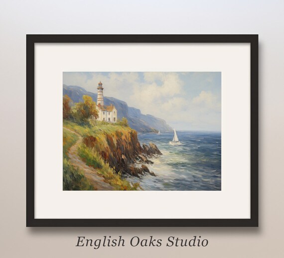 Coastal Lighthouse on Rocky Cliffs With Sailboat Ocean Poster
