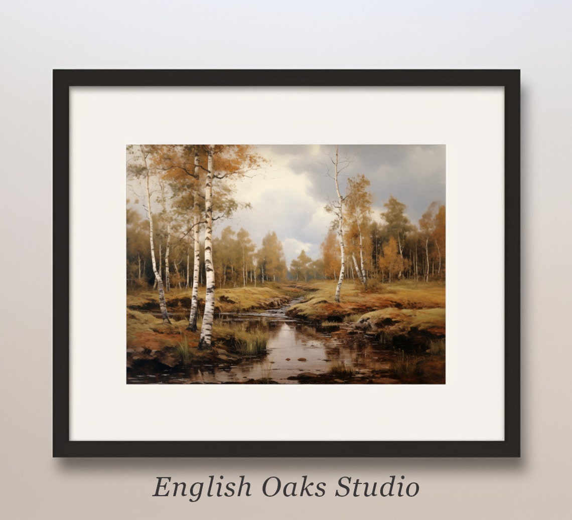 Autumn Birch Trees by a Quiet Stream Vintage Oil Painting Poster