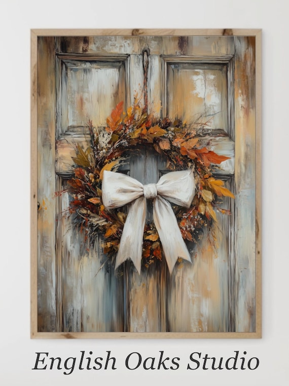 Rustic Fall Wreath with White Bow Hanging on Antique Wooden Door Poster
