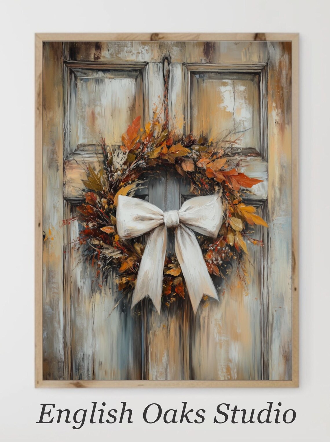 Rustic Fall Wreath with White Bow Hanging on Antique Wooden Door Poster