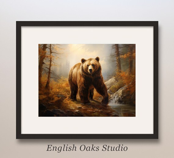 Grizzly Bear Autumn Forest Stream Golden Fall Oil Painting Print