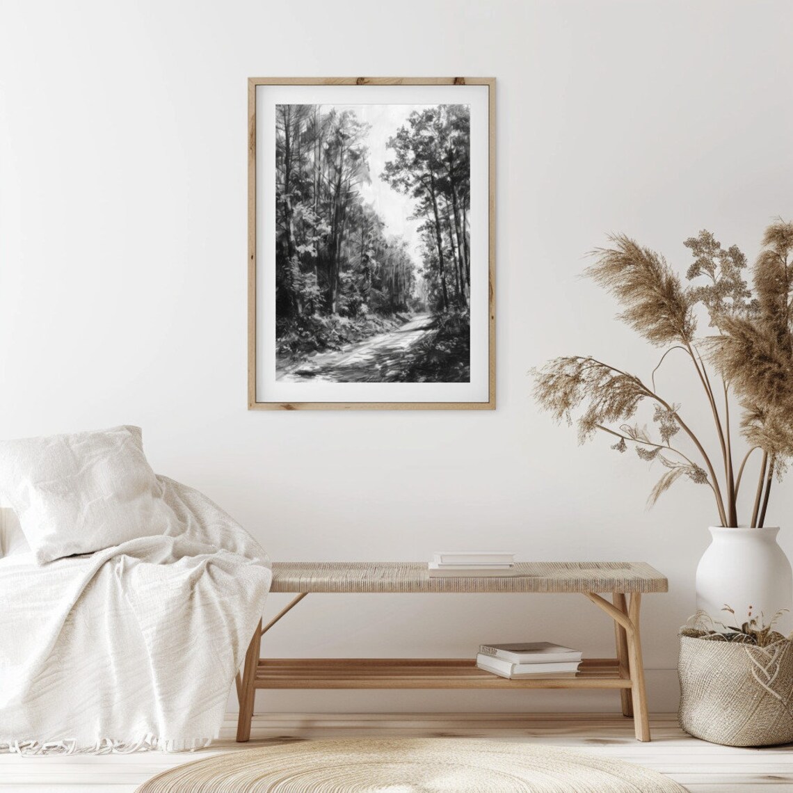Black and White Forest Path Sketch Vintage Woodland Wall Art - Image 2