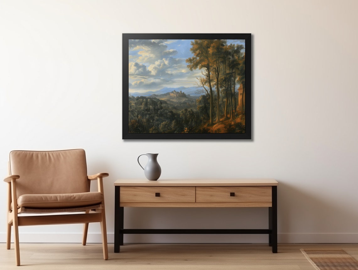 Moody Rustic Alpine Landscape Forest Painting Vintage Mountain Scape Print - Image 2
