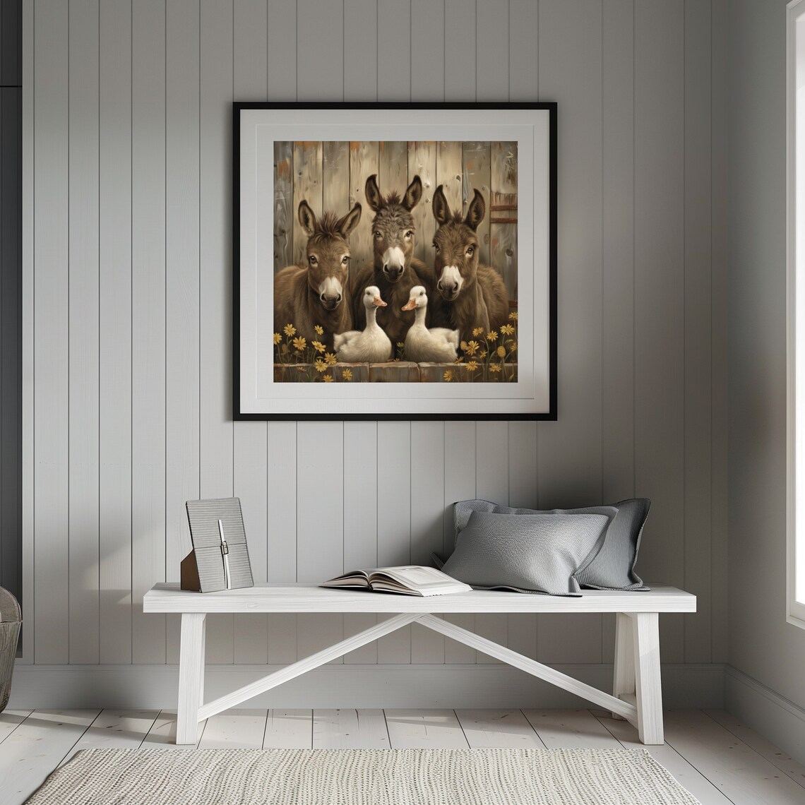 Vintage Farmhouse Donkeys And Ducks Painting Animal Farm Decor Countryside Donkeys And Ducks Standing Near A Fence Print - Image 2