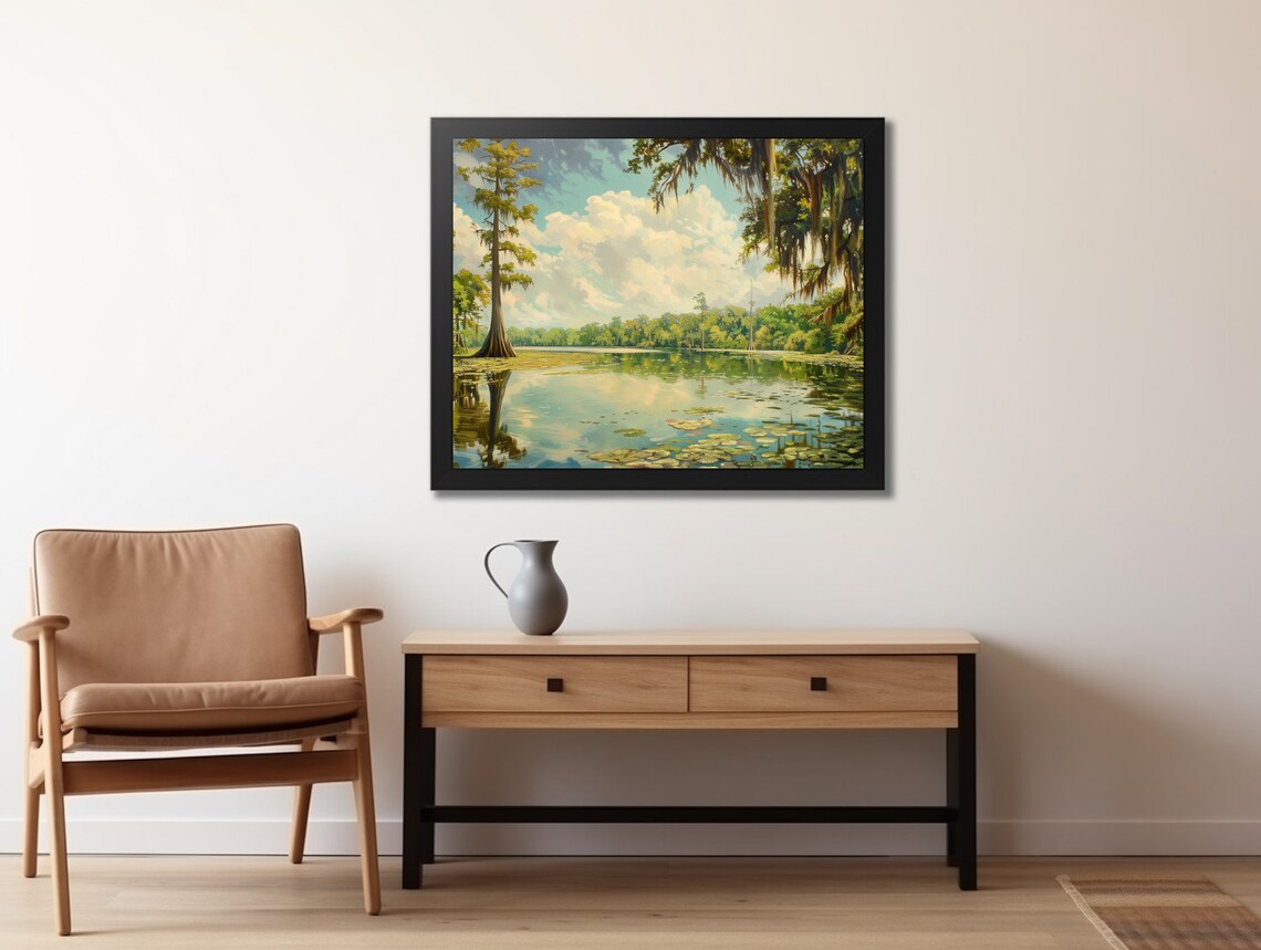 Bright Cypress Lake Painting Lily Pads Reflections Blue Sky Poster - Image 2