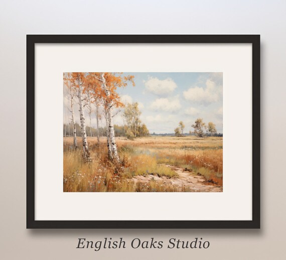 Orange Autumn Birch Trees Along Country Dirt Path Fall Scene Poster
