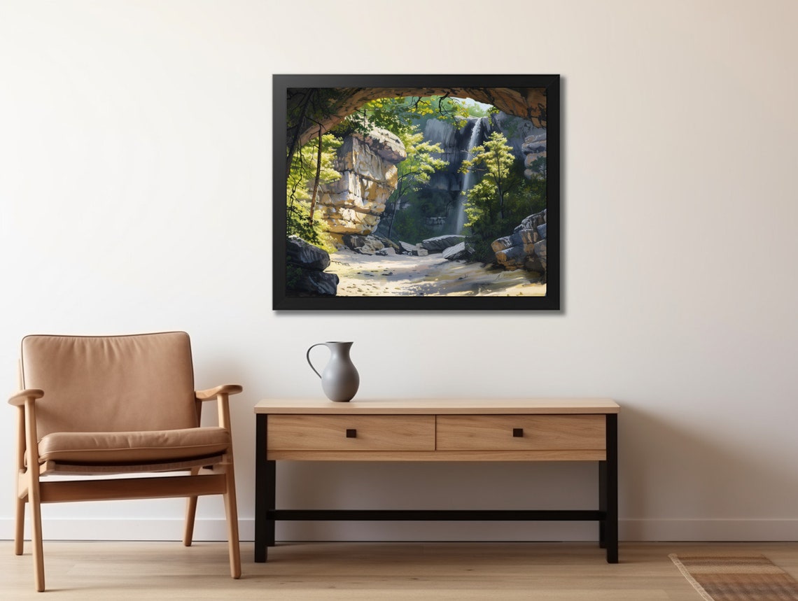 Rustic Cave Waterfall Nature Art Painting Cave With Water Forest And Sunshine Landscape Print - Image 2