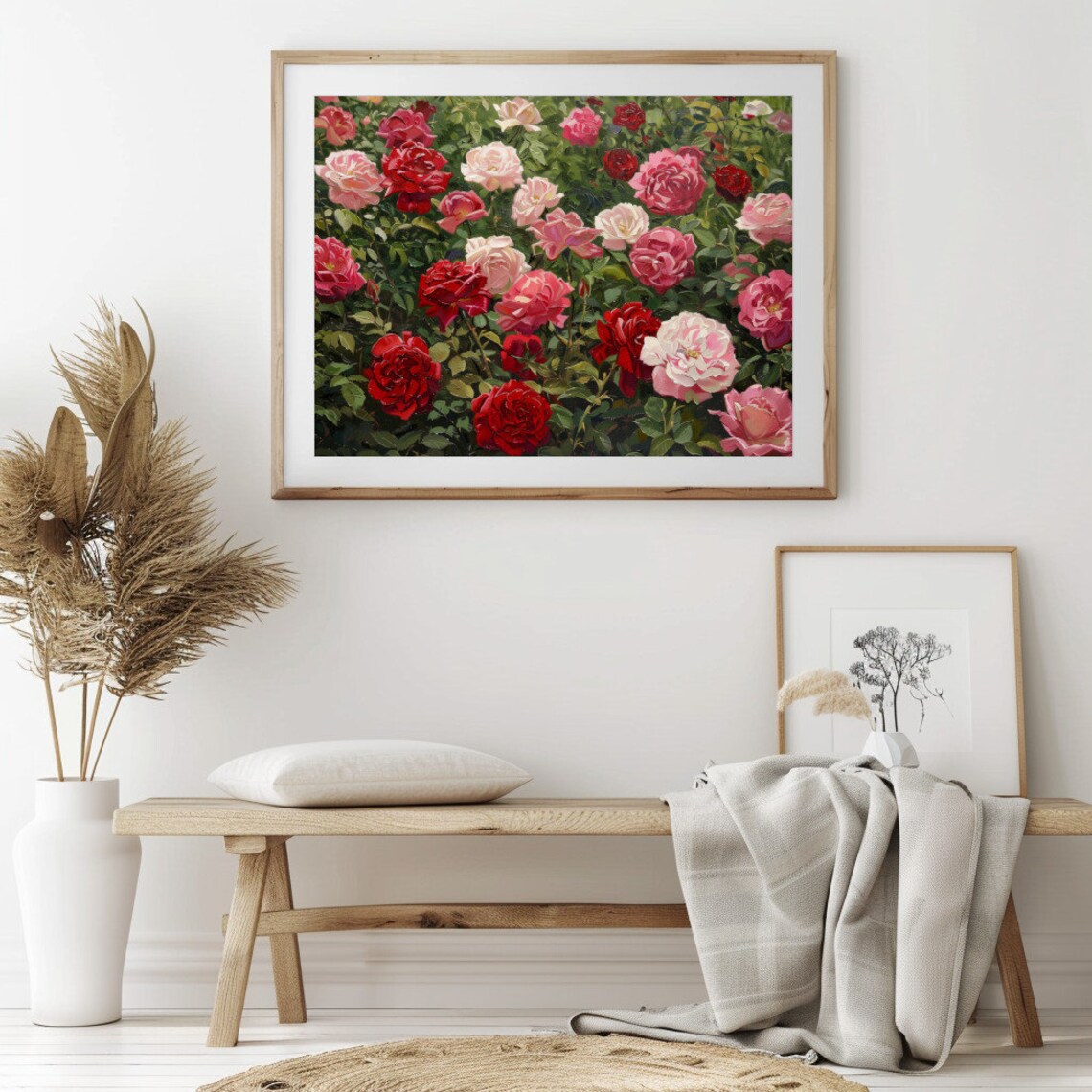 Pink Red Roses Garden Painting Lush Blooming Rose Bushes Wall Art - Image 2