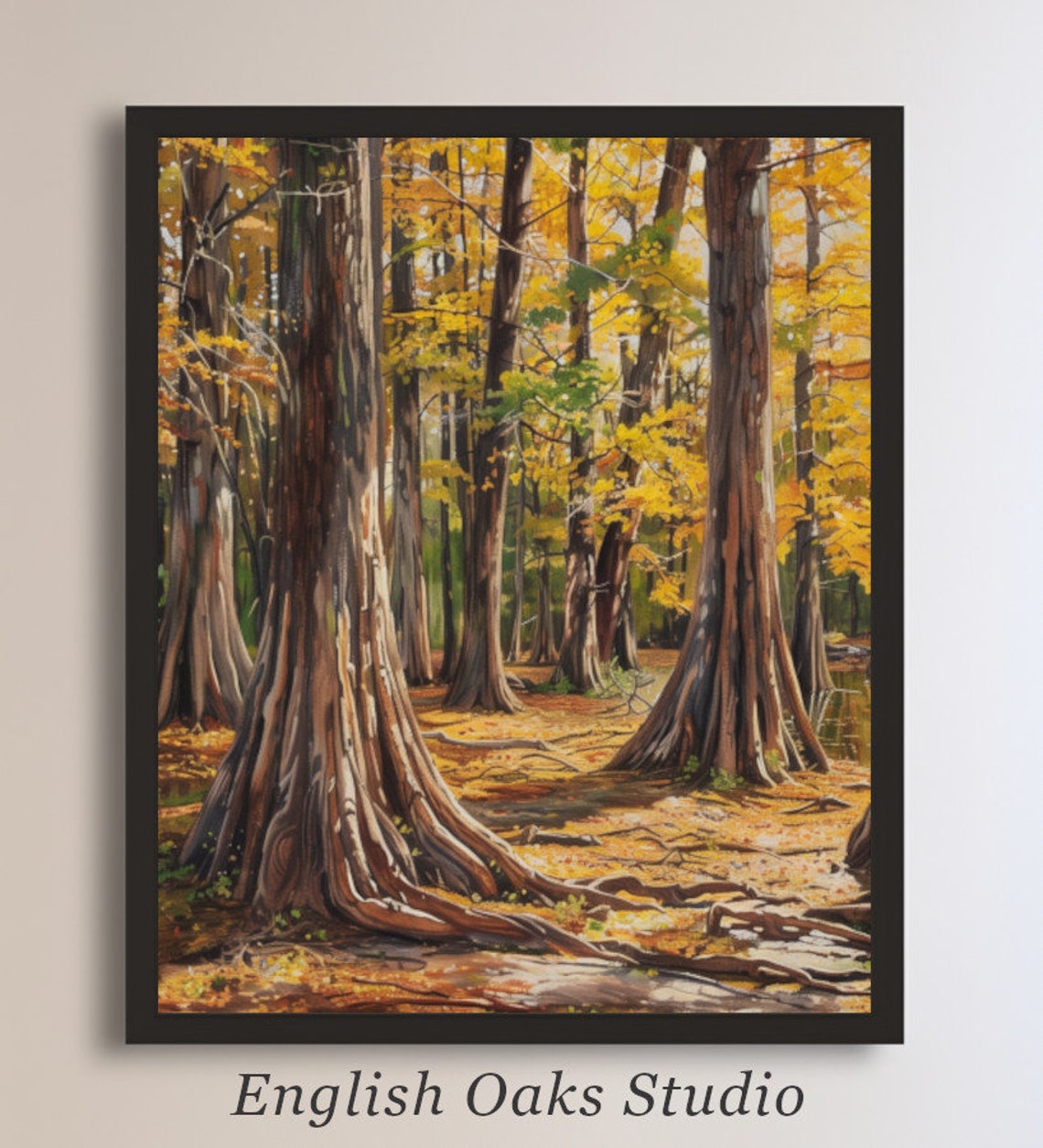 Towering Golden Cypress Trunks Autumn Forest Sunlight Painting Poster