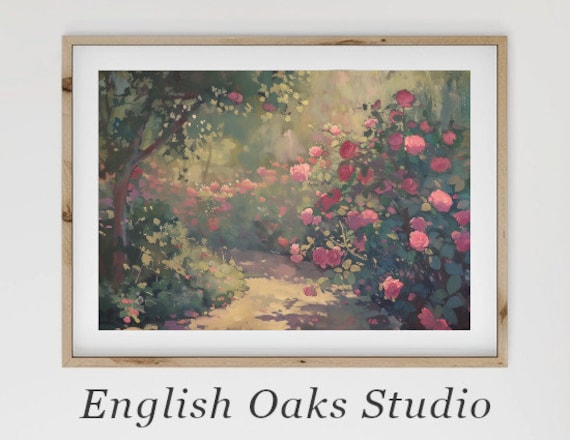 Cottage Rose Garden Path With Pink Roses Impressionist Painting Poster